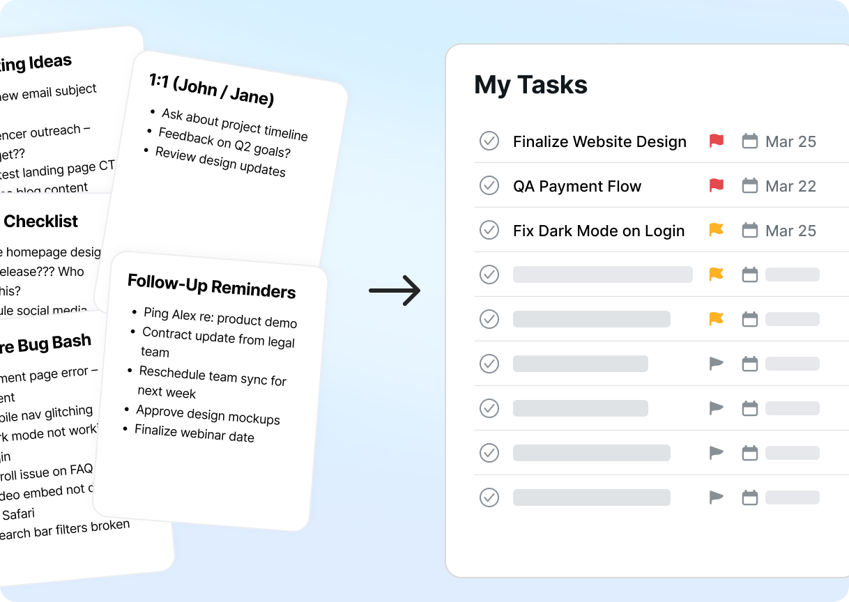 No more scattered and forgotten tasks inside hundreds of notes