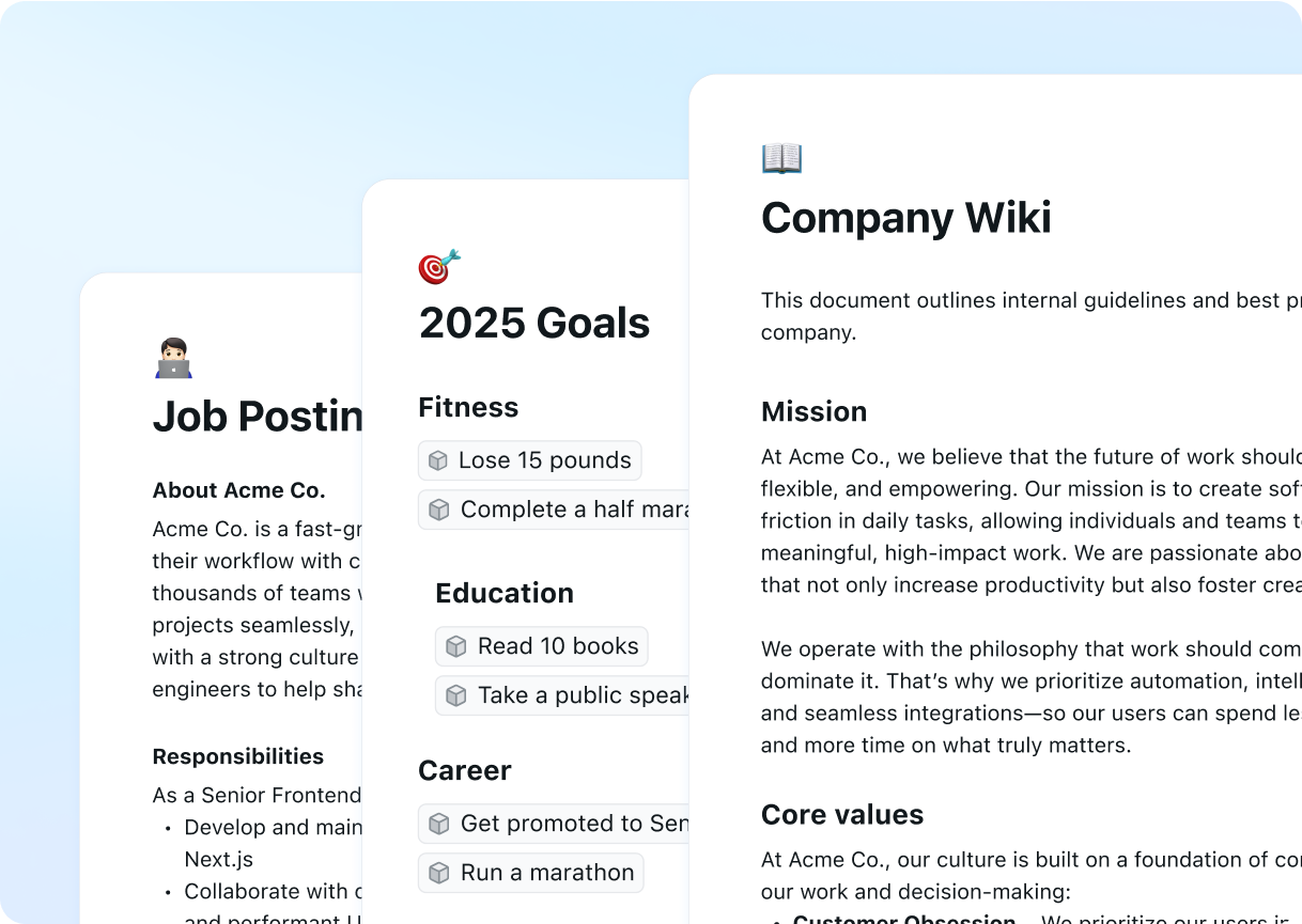 Create docs — notes, processes, wikis, pages — all in one place